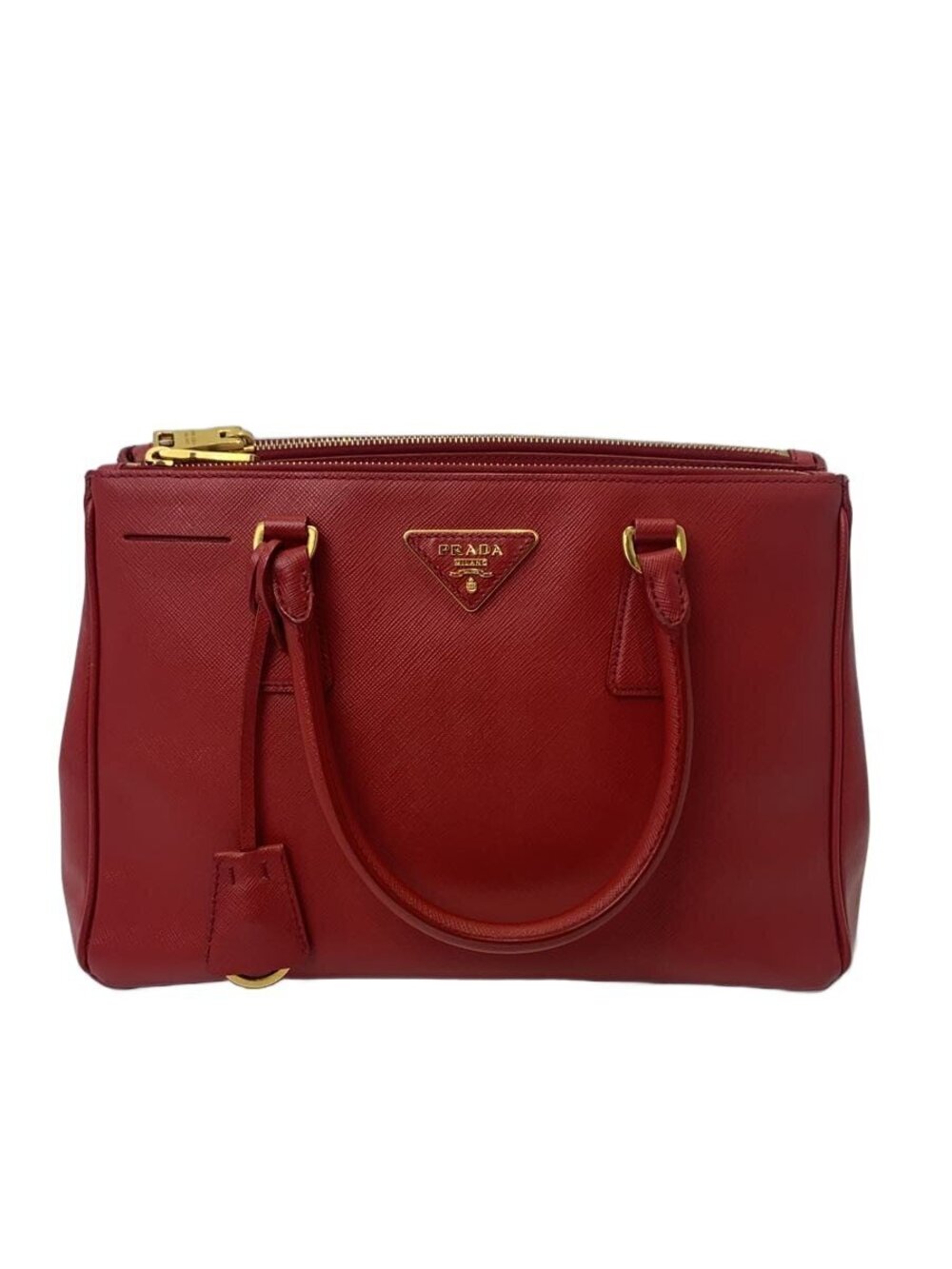 Prada red Saffiano leather Galleria double zip tote triangular logo